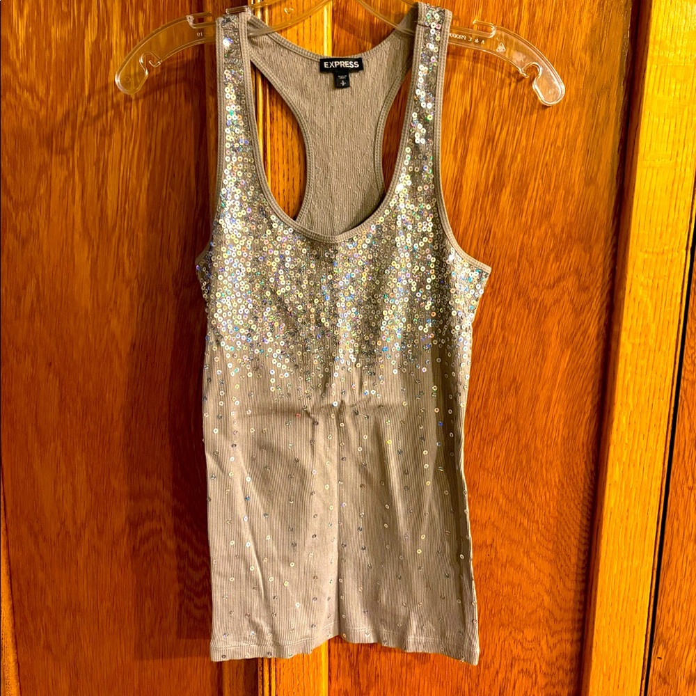 Express racer back gray ribbed tank top with sequins, women’s sz small